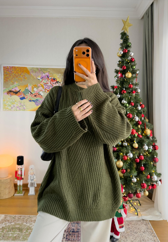 Riane Çizgi Detalı Oversize Kazak Haki
