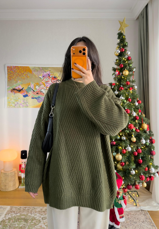 Riane Çizgi Detalı Oversize Kazak Haki
