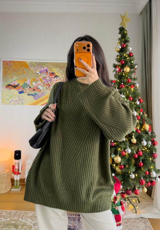 Riane Çizgi Detalı Oversize Kazak Haki