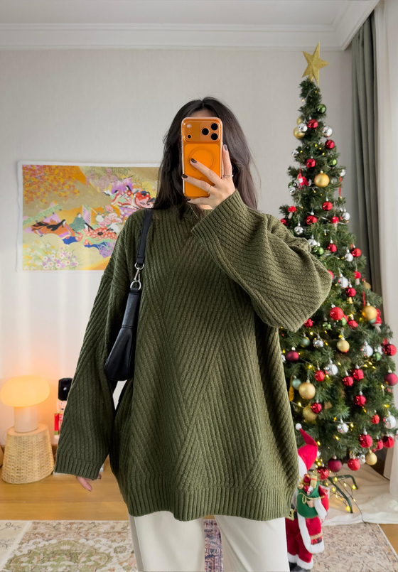 Riane Çizgi Detalı Oversize Kazak Haki
