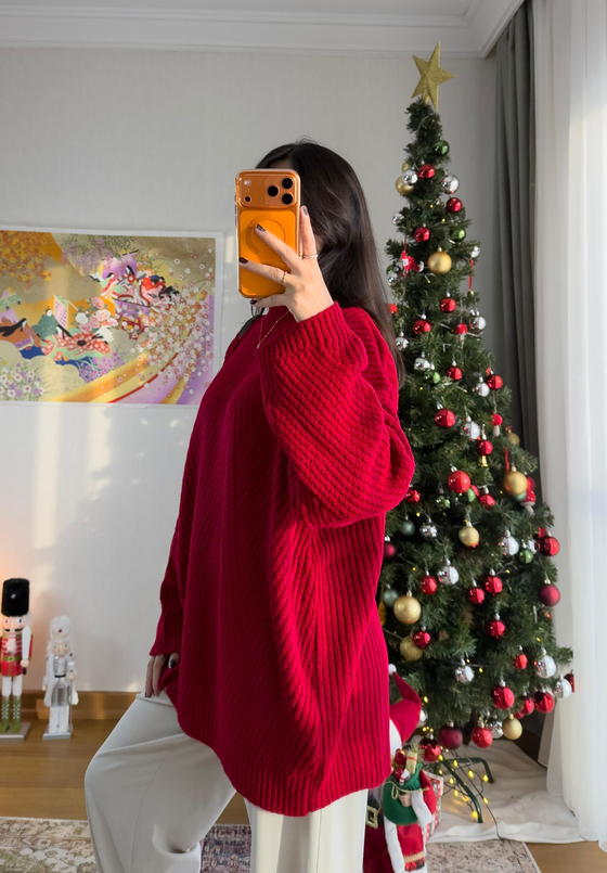 Riane Çizgi Detalı Oversize Kazak Kırmızı