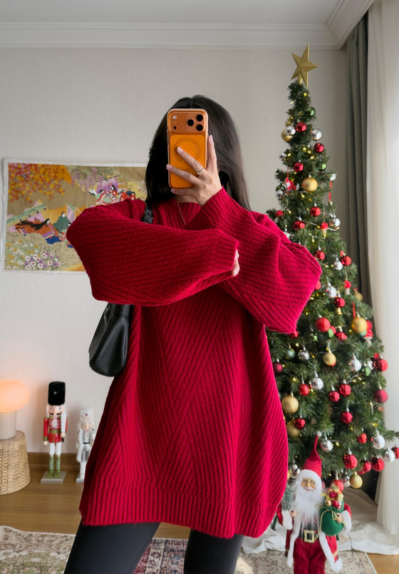 Riane Çizgi Detalı Oversize Kazak Kırmızı