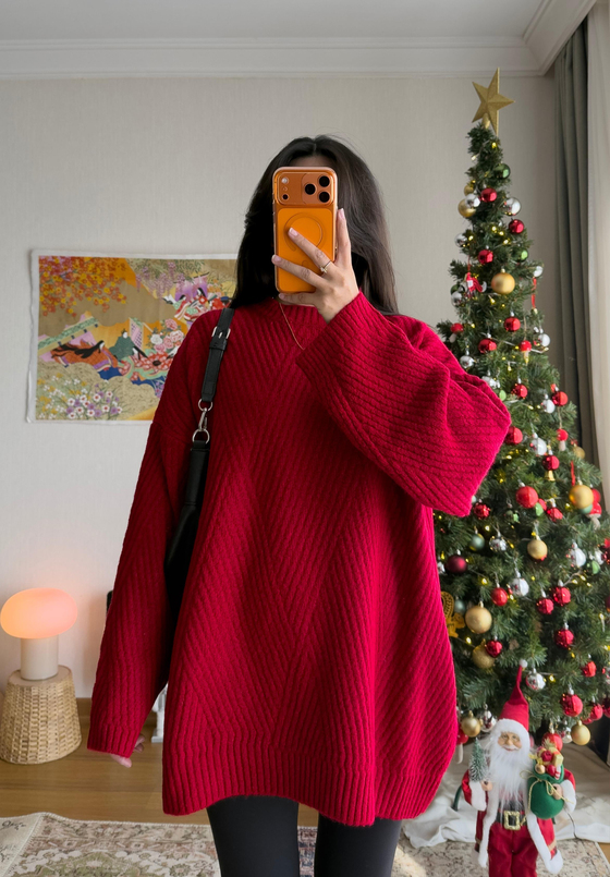 Riane Çizgi Detalı Oversize Kazak Kırmızı