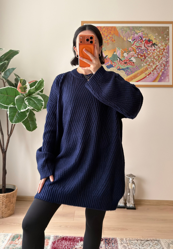 Riane Çizgi Detalı Oversize Kazak Lacivert