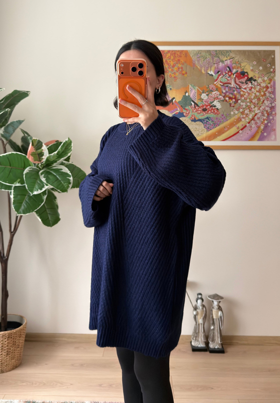Riane Çizgi Detalı Oversize Kazak Lacivert