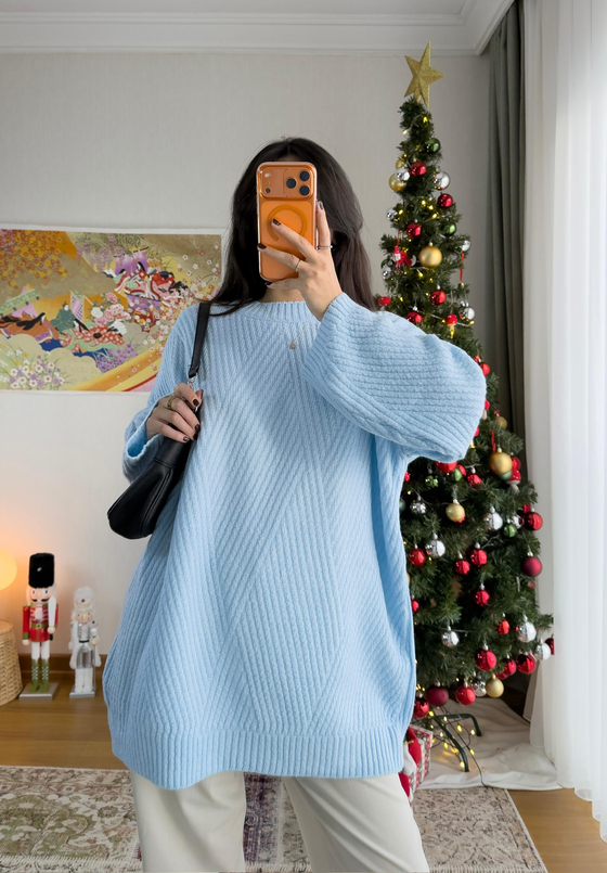 Riane Çizgi Detalı Oversize Kazak Mavi