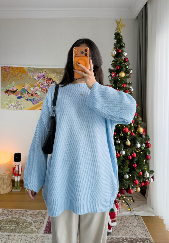 Riane Çizgi Detalı Oversize Kazak Mavi