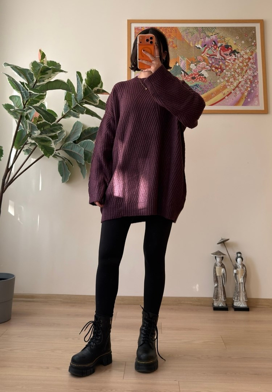 Riane Çizgi Detalı Oversize Kazak Mürdüm