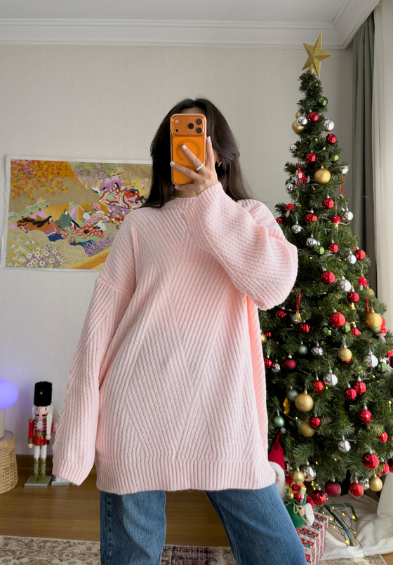 Riane Çizgi Detalı Oversize Kazak Pudra