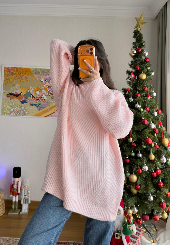 Riane Çizgi Detalı Oversize Kazak Pudra