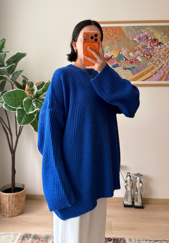 Riane Çizgi Detalı Oversize Kazak Saks Mavisi