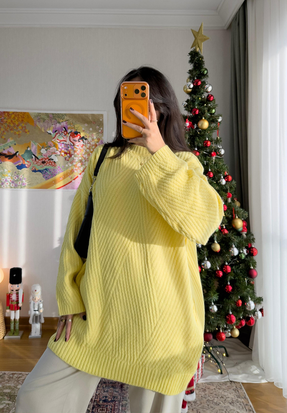 Riane Çizgi Detalı Oversize Kazak Sarı