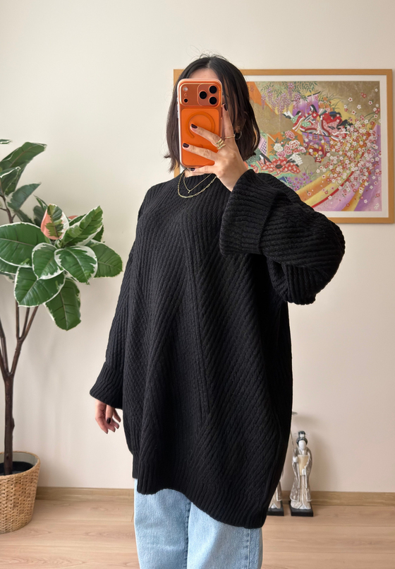 Riane Çizgi Detalı Oversize Kazak Siyah