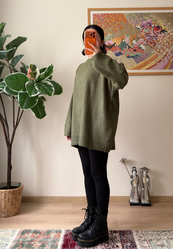 Riane Çizgi Detalı Oversize Kazak Soft Yeşil