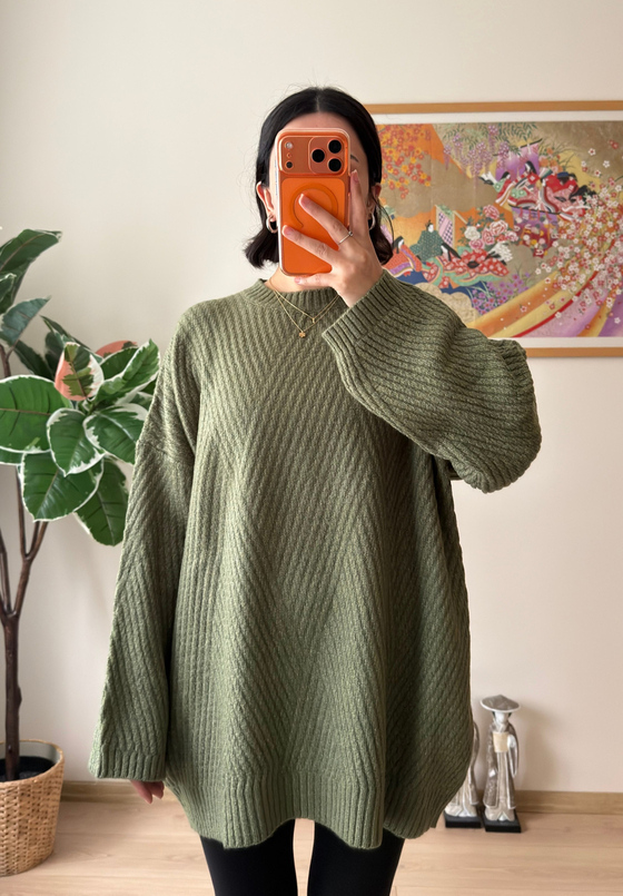 Riane Çizgi Detalı Oversize Kazak Soft Yeşil