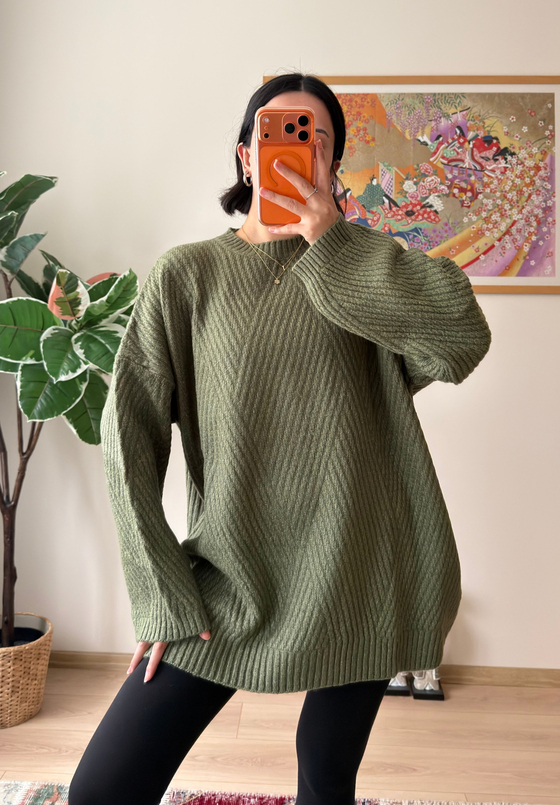 Riane Çizgi Detalı Oversize Kazak Soft Yeşil