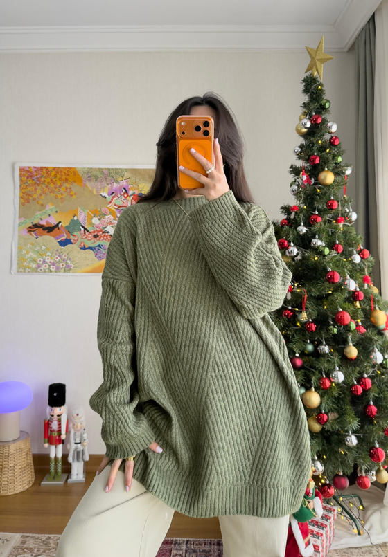 Riane Çizgi Detalı Oversize Kazak Soft Yeşil