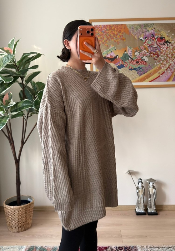 Riane Çizgi Detalı Oversize Kazak Vizon