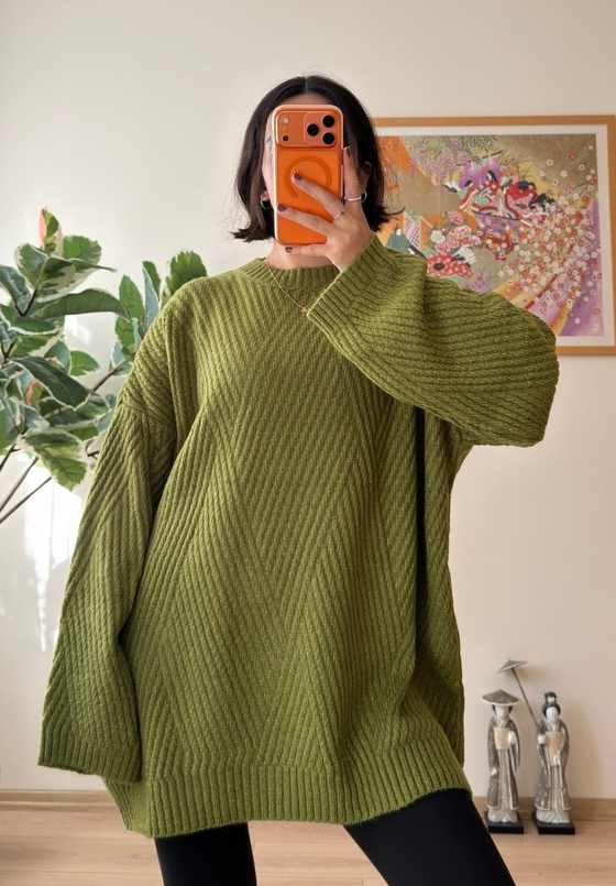 Riane Çizgi Detalı Oversize Kazak Yeşil