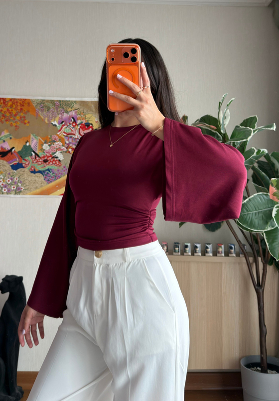 Rima Büzgü Detaylı Bluz Bordo