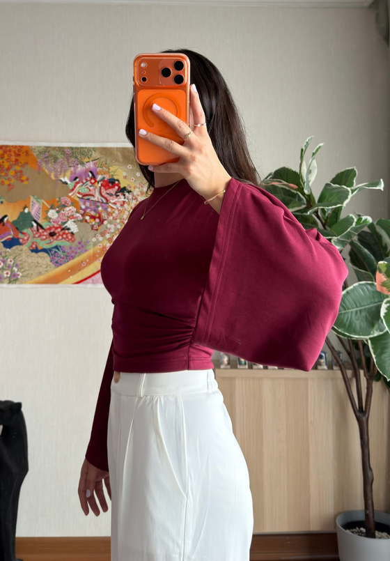 Rima Büzgü Detaylı Bluz Bordo