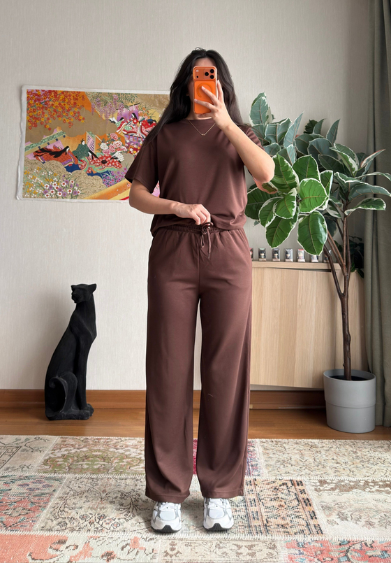 Rina Kısa Kol Modal Takım Kahve