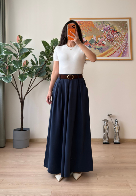 Risa Kemerli Etekli Pantolon Lacivert