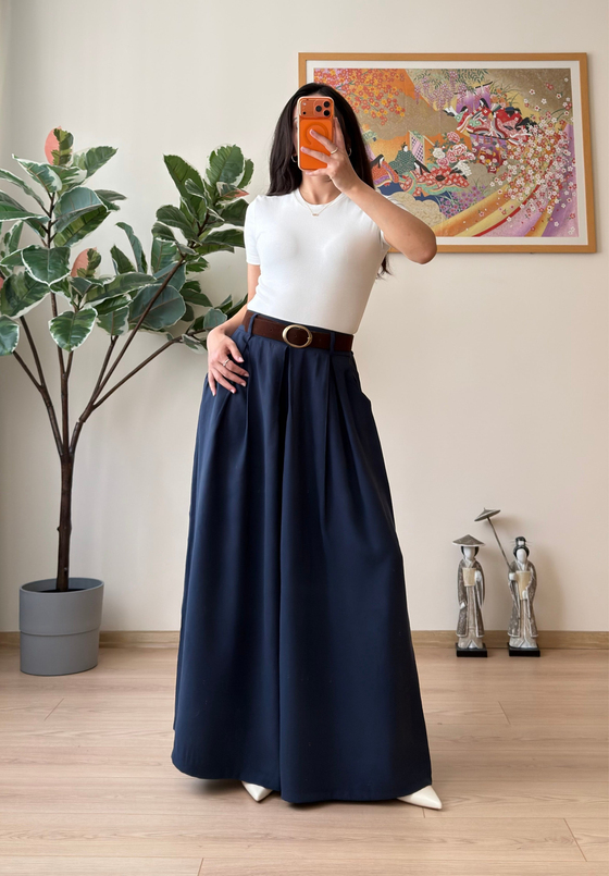 Risa Kemerli Etekli Pantolon Lacivert