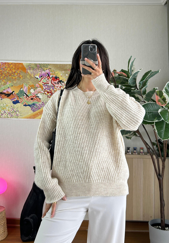 Riya Çizgili Oversize Kazak Bej