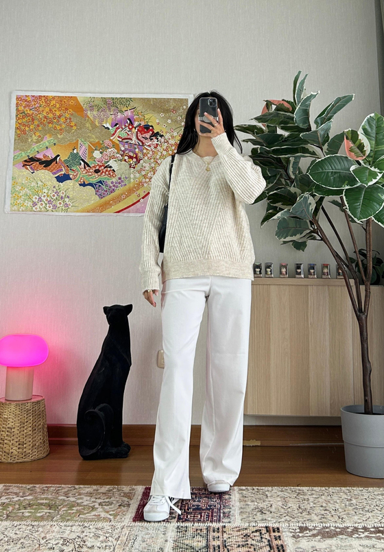 Riya Çizgili Oversize Kazak Bej