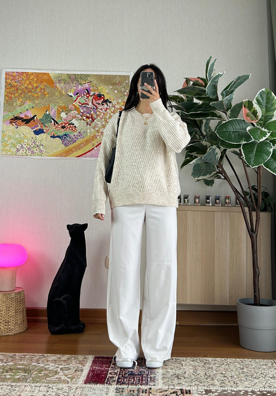 Riya Çizgili Oversize Kazak Bej