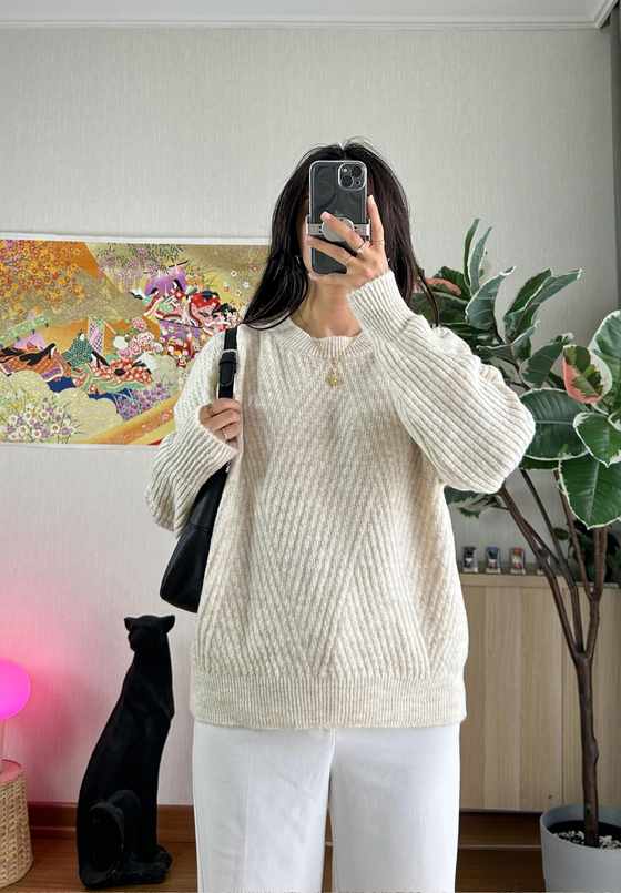 Riya Çizgili Oversize Kazak Bej
