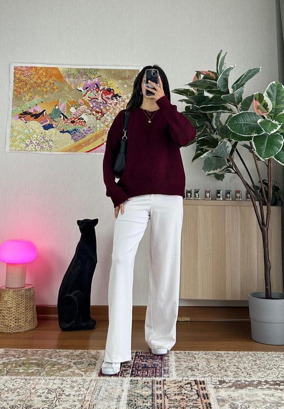 Riya Çizgili Oversize Kazak Bordo
