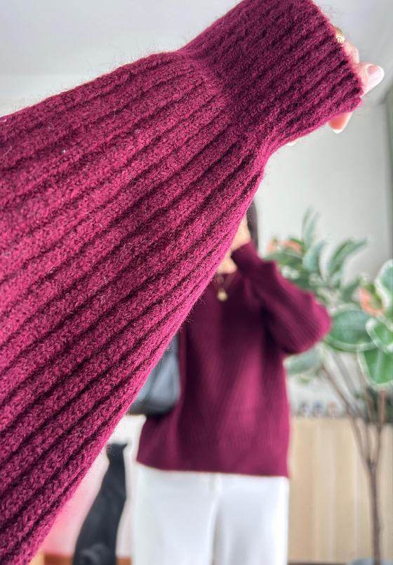 Riya Çizgili Oversize Kazak Bordo