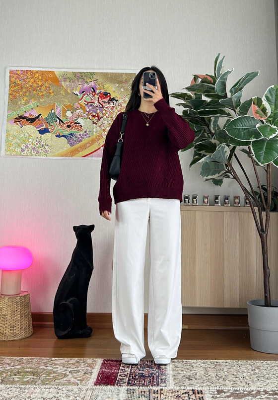 Riya Çizgili Oversize Kazak Bordo