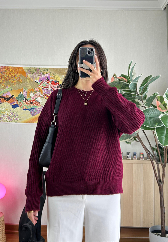 Riya Çizgili Oversize Kazak Bordo