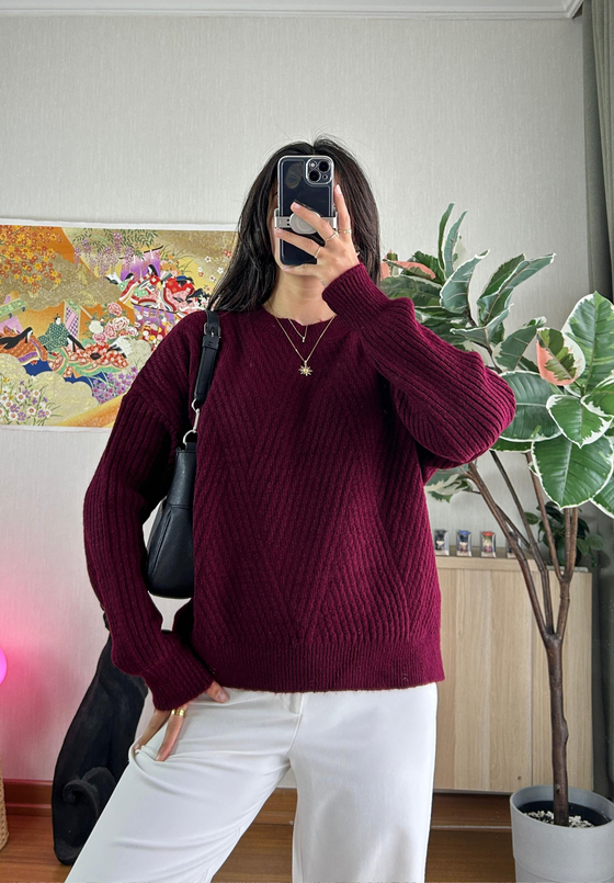 Riya Çizgili Oversize Kazak Bordo