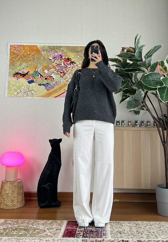 Riya Çizgili Oversize Kazak Füme