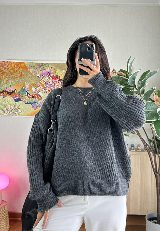 Riya Çizgili Oversize Kazak Füme