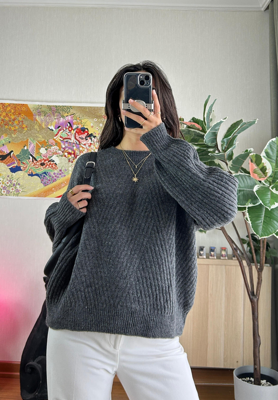 Riya Çizgili Oversize Kazak Füme