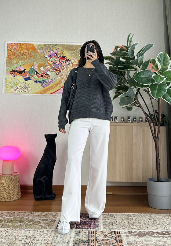 Riya Çizgili Oversize Kazak Füme