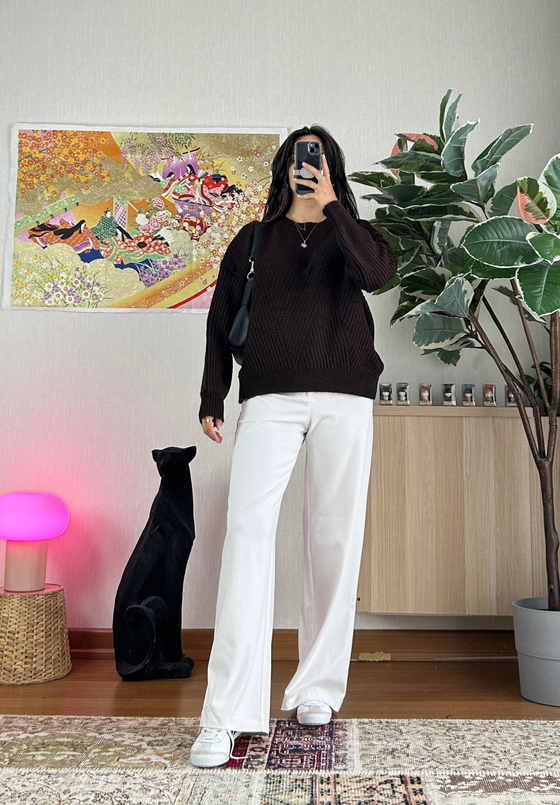 Riya Çizgili Oversize Kazak Kahve