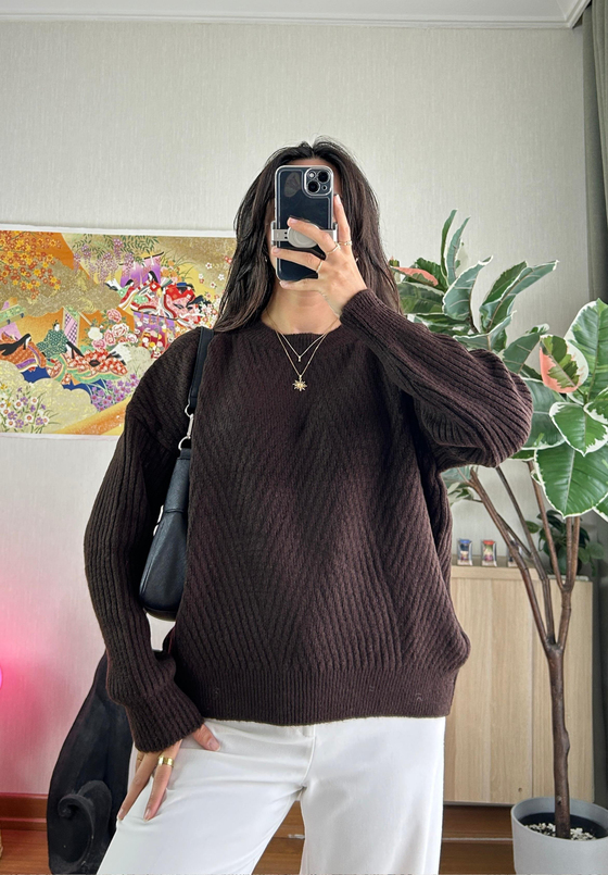 Riya Çizgili Oversize Kazak Kahve