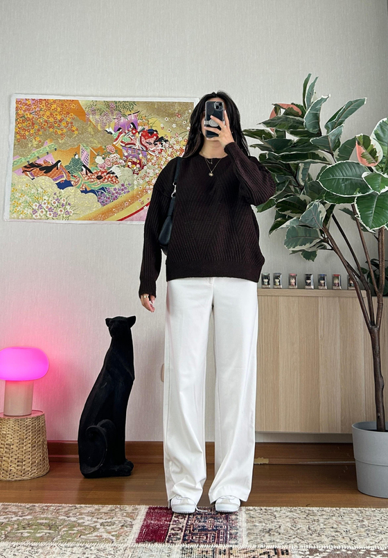 Riya Çizgili Oversize Kazak Kahve