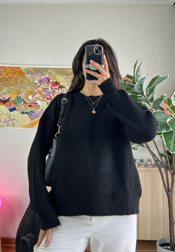 Riya Çizgili Oversize Kazak Siyah