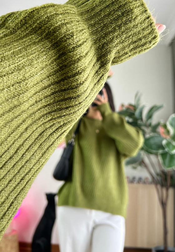 Riya Çizgili Oversize Kazak Yeşil