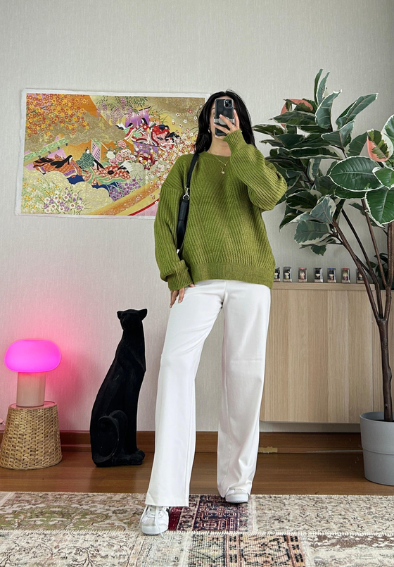 Riya Çizgili Oversize Kazak Yeşil