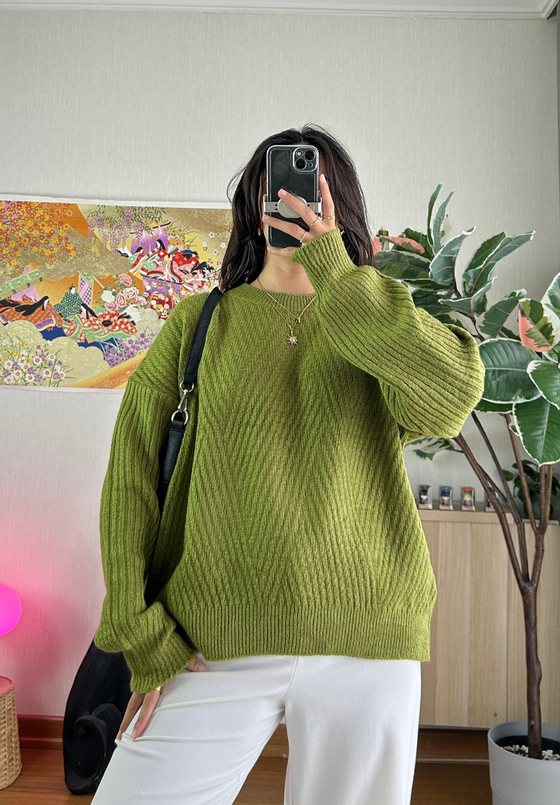 Riya Çizgili Oversize Kazak Yeşil
