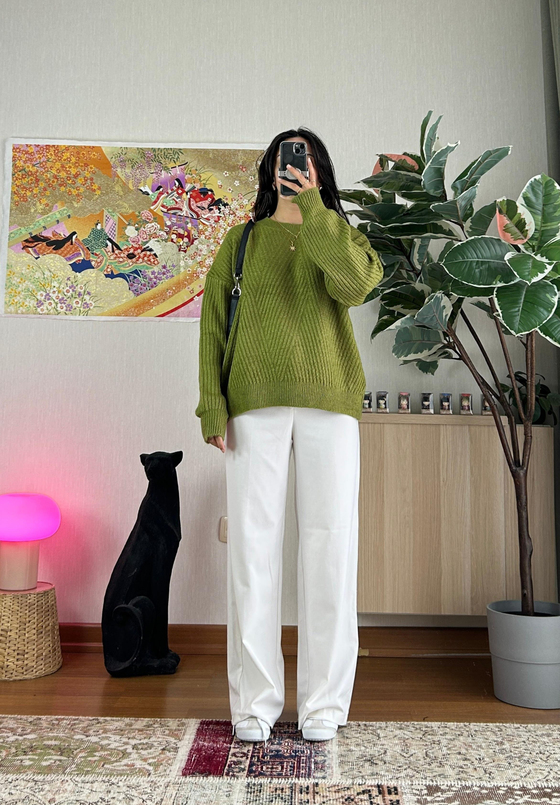Riya Çizgili Oversize Kazak Yeşil