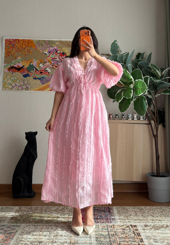 Saika Dokulu Elbise Pembe
